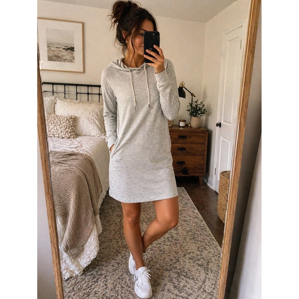 Athleta XS Gray Hooded Dress Soft Knit Lightweight Lounge Athleisure Minimalist